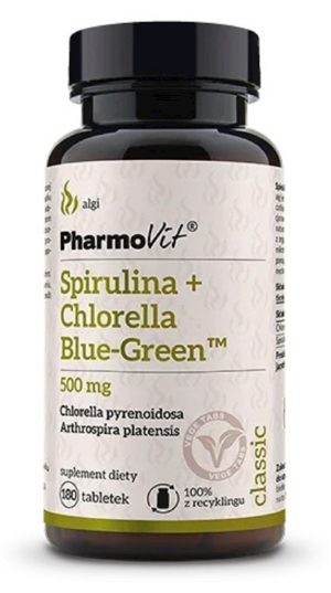 SPIRULINA + CHLORELLA BLUE-GREEN (500 mg) BEZGLUTENOWA 180 TABLETEK - PHARMOVIT (CLASSIC)