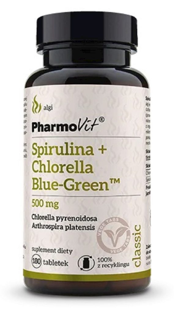 SPIRULINA + CHLORELLA BLUE-GREEN (500 mg) BEZGLUTENOWA 180 TABLETEK – PHARMOVIT (CLASSIC)