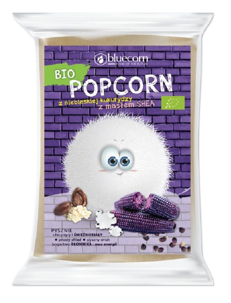 POPCORN Z NIEBIESKIEJ KUKURYDZY Z SHEA I SOLĄ DO PRZYGOTOWANIA W MIKROFALÓWCE BEZGLUTENOWY BIO 100 g – BLUECORN
