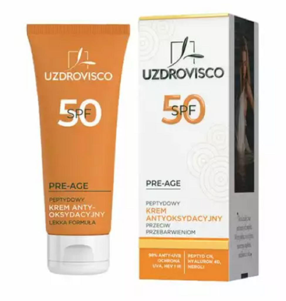 KREM DO TWARZY ANTYOKSYDACYJNY PEPTYDOWY PRZECIW PRZEBARWIENIOM SPF 50 50 ml – UZDROVISCO (PRE-AGE)