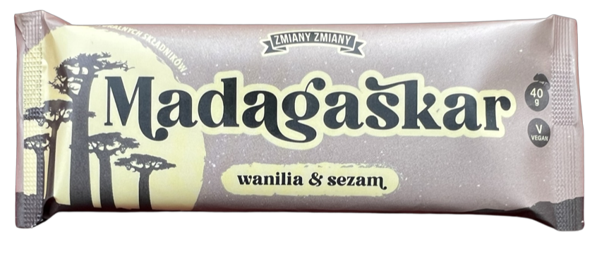 BATON BAKALIOWY O SMAKU CHAŁWY „MADAGASKAR”  BEZGLUTENOWY 40 g – ZMIANY ZMIANY