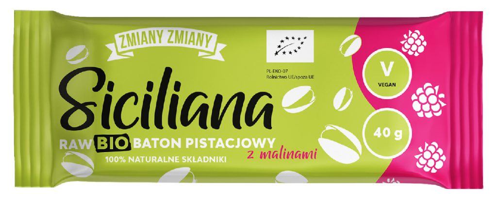 BATON PISTACJOWY Z MALINAMI „SICILIANA RAW” BEZGLUTENOWY BIO 40 g – ZMIANY ZMIANY