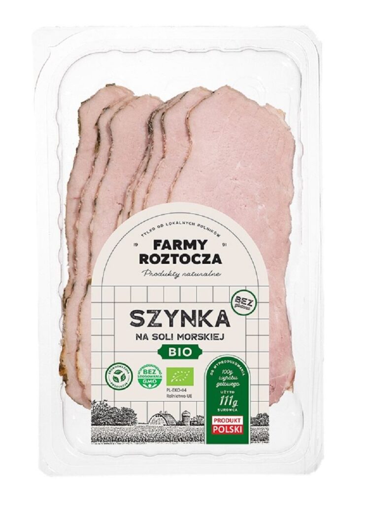 SZYNKA NA SOLI MORSKIEJ PLASTRY BIO 100 g –  FARMY ROZTOCZA (NA ZAMÓWIENIE)