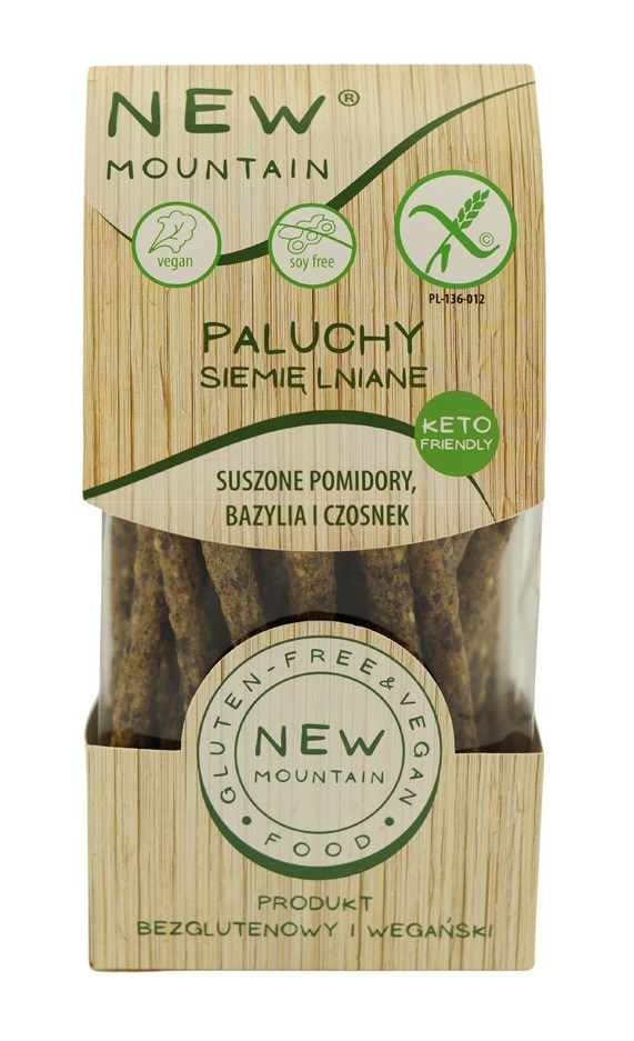 PALUCHY Z SIEMIENIEM LNIANYM, POMIDORAMI, CZOSNKIEM I BAZYLIĄ BEZGLUTENOWE 200 g – NEW MOUNTAIN