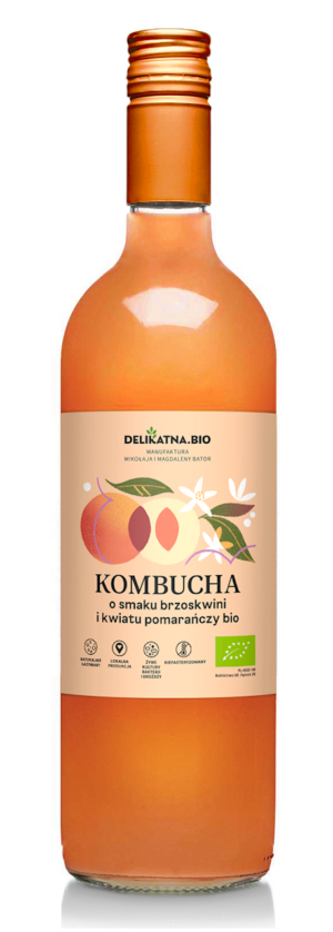 KOMBUCHA O SMAKU BRZOSKWINI I KWIATU POMARAŃCZY BIO 750 ml - DELIKATNA