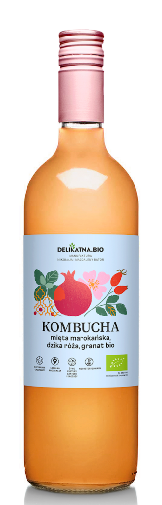 KOMBUCHA MIĘTA MAROKAŃSKA, DZIKA RÓŻA I GRANAT BIO 750 ml – DELIKATNA