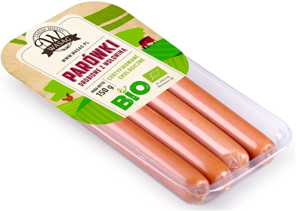 PARÓWKI DROBIOWE Z WOŁOWINĄ BIO 150 g – WASĄG (NA ZAMÓWIENIE)