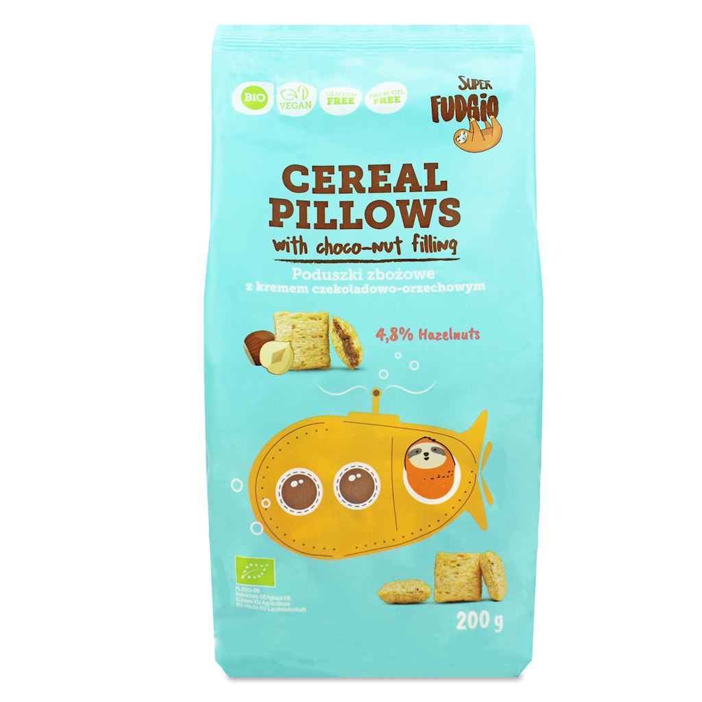 PODUSZKI ZBOŻOWE Z KREMEM CZEKOLADOWO – ORZECHOWYM BEZGLUTENOWE BIO 200 g – ME GUSTO (SUPER FUDGIO)