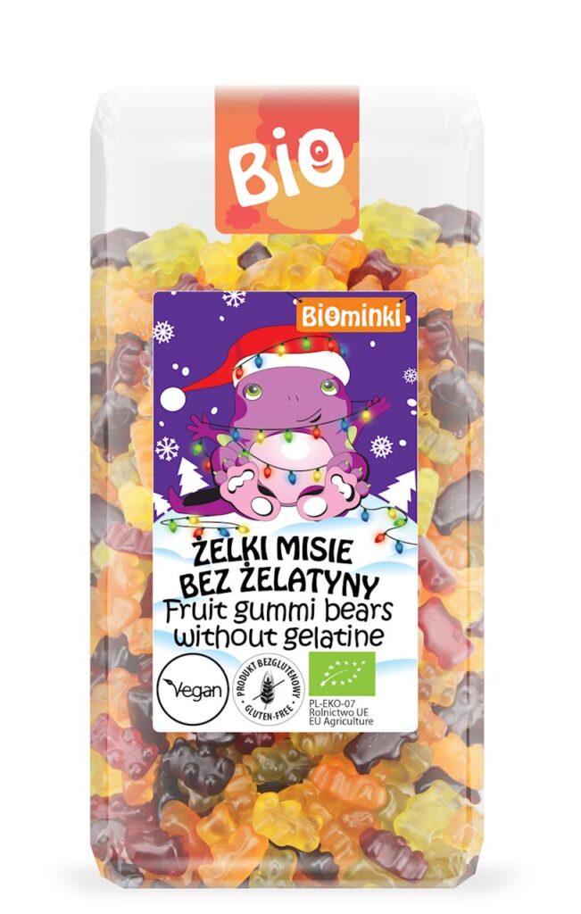 ŻELKI MISIE BEZ ŻELATYNY BEZGLUTENOWE BIO 500 g – BIOMINKI (EDYCJA ŚWIĄTECZNA)(PRODUKT SEZONOWY)