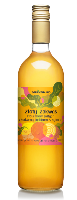 ZAKWAS ZŁOTY Z BURAKÓW Z KURKUMĄ, IMBIREM I CYTRYNĄ BIO 700 ml - DELIKATNA