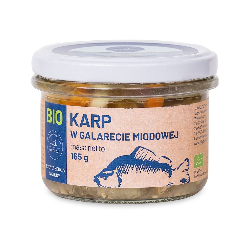 KARP W GALARECIE MIODOWEJ BIO 165 g (SŁOIK) – GOSPODARSTWO RYBACKIE ZAWÓLCZE