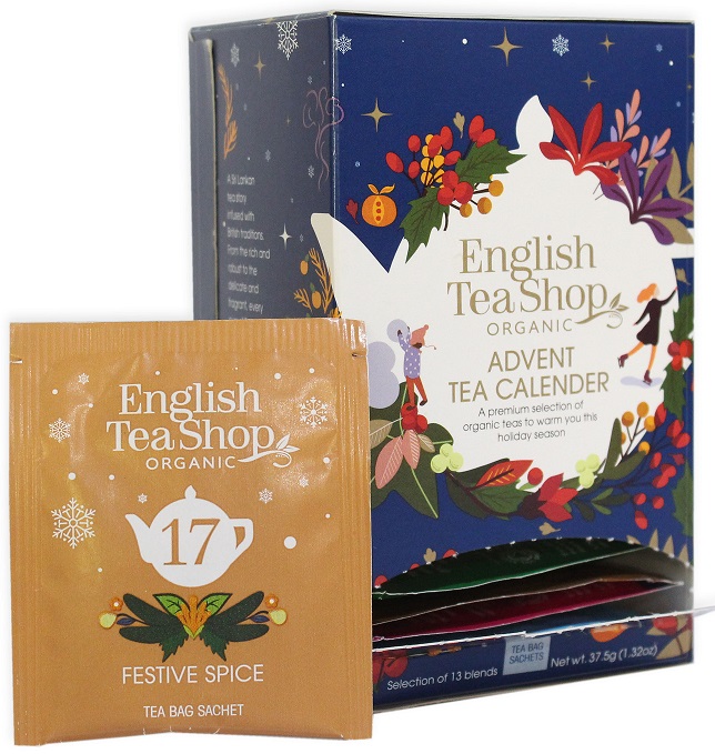 KALENDARZ ADWENTOWY NIEBIESKI (HERBATY I HERBATKI) BIO (13 SMAKÓW) (25 x 1,5 g) 37,5 g – ENGLISH TEA SHOP ORGANIC (PRODUKT SEZONOWY)