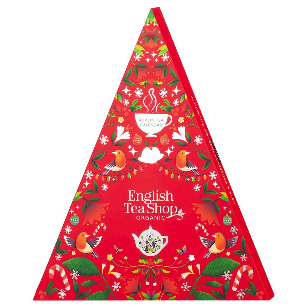 KALENDARZ ADWENTOWY (HERBATY I HERBATKI) BIO PIRAMIDKI (RED TRANGULAR – 13 SMAKÓW) (25 x 2 g) 50 g – ENGLISH TEA SHOP ORGANIC (PRODUKT SEZONOWY)
