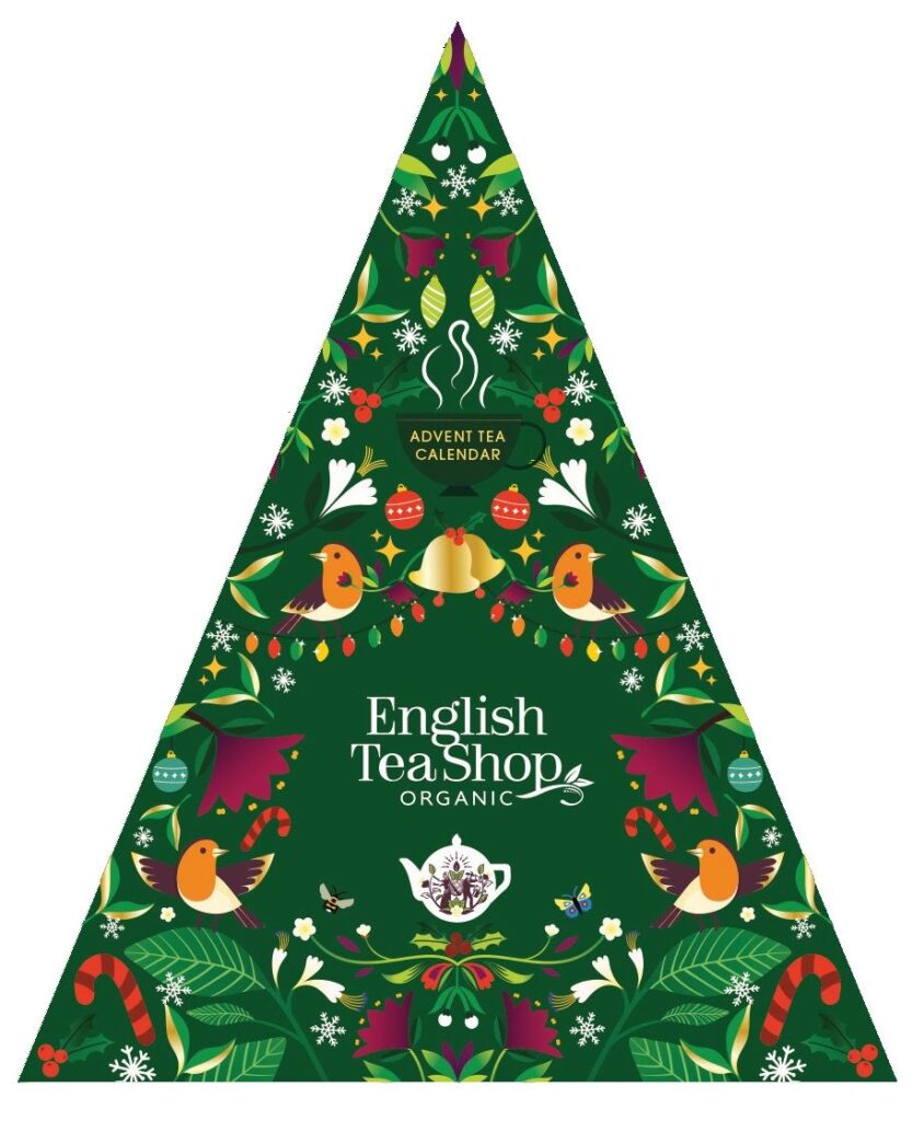 KALENDARZ ADWENTOWY (HERBATY I HERBATKI) BIO PIRAMIDKI (GREEN TRANGULAR – 13 SMAKÓW) (25 x 2 g) 50 g – ENGLISH TEA SHOP ORGANIC (PRODUKT SEZONOWY)