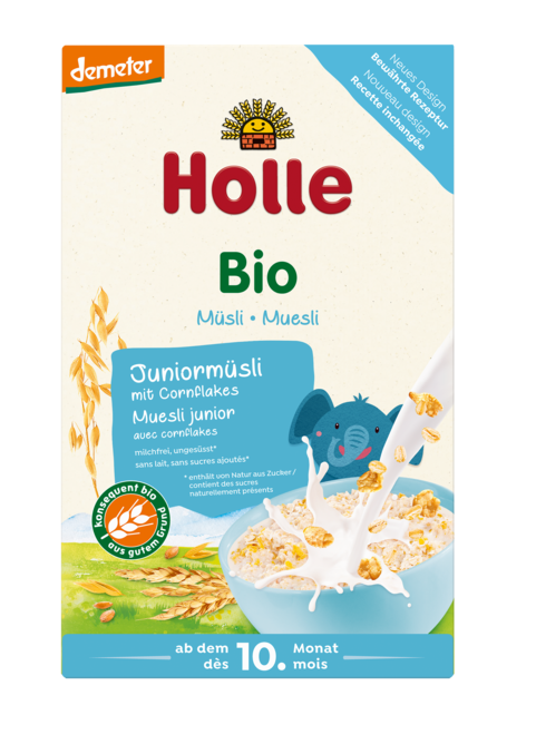 MUSLI JUNIOR Z PŁATKAMI KUKURYDZIANYMI BEZ DODATKU CUKRÓW OD 10 MIESIĄCA DEMETER BIO 250 g – HOLLE