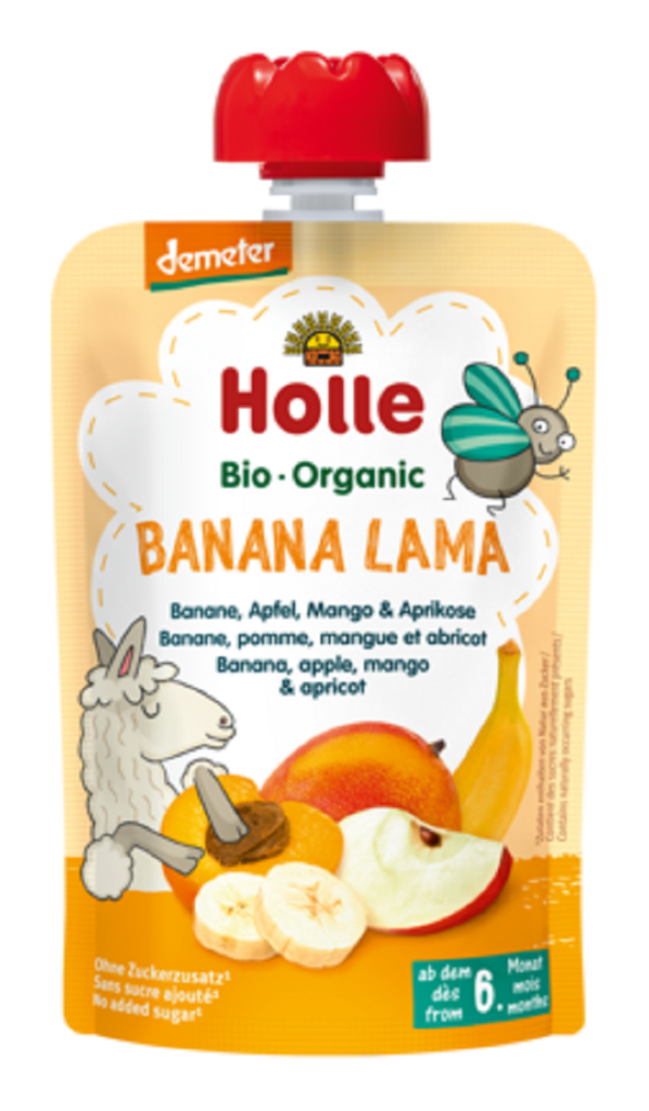 MUS BANANOWA LAMA (BANAN – JABŁKO – MANGO – MORELA) BEZ DODATKU CUKRÓW OD 6 MIESIĄCA DEMETER BIO 100 g – HOLLE