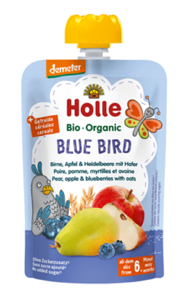 MUS NIEBIESKI PTAK (GRUSZKA – JABŁKO – JAGODA – OWIES) BEZ DODATKU CUKRÓW OD 6 MIESIĄCA DEMETER BIO 100 g – HOLLE