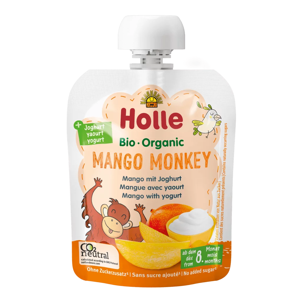 MUS MANGO MAŁPKA (MANGO – JOGURT) BEZ DODATKU CUKRÓW OD 8 MIESIĄCA BIO 85 g – HOLLE