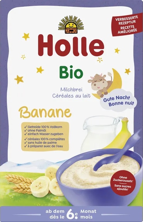 KASZKA PEŁNOZIARNISTA MLECZNO – BANANOWA BEZ DODATKU CUKRÓW OD 6 MIESIĄCA BIO 250 g – HOLLE