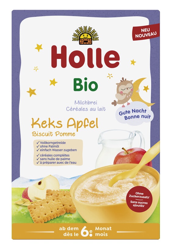 KASZKA ZBOŻOWA MLECZNA CIASTECZKOWO – JABŁKOWA BEZ DODATKU CUKRÓW OD 6 MIESIĄCA BIO 250 g – HOLLE