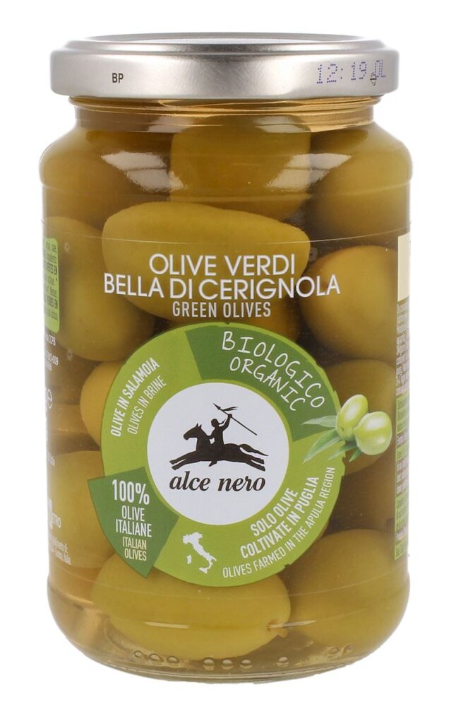 OLIWKI ZIELONE BELLA DI CERIGNOLA Z PESTKĄ W ZALEWIE BIO 350 g (180 g) – ALCE NERO