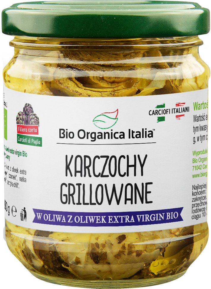 KARCZOCHY GRILLOWANE Z OLIWĄ Z OLIWEK EXTRA VIRGIN BIO 190 g (SŁOIK) – BIO ORGANICA ITALIA