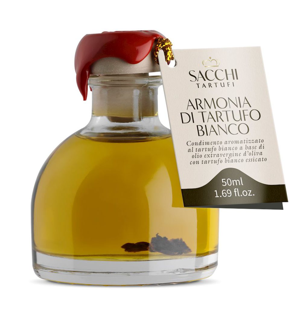 PRZYPRAWA NA BAZIE OLIWY Z OLIWEK Z TRUFLĄ BIAŁĄ 50 ml – SACCHI TARTUFI