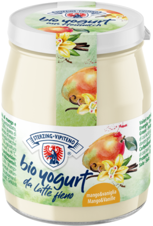JOGURT MANGO - WANILIA Z MLEKA SIENNEGO BEZGLUTENOWY BIO 150 g (SŁOIK) - STERZING-VIPITENO