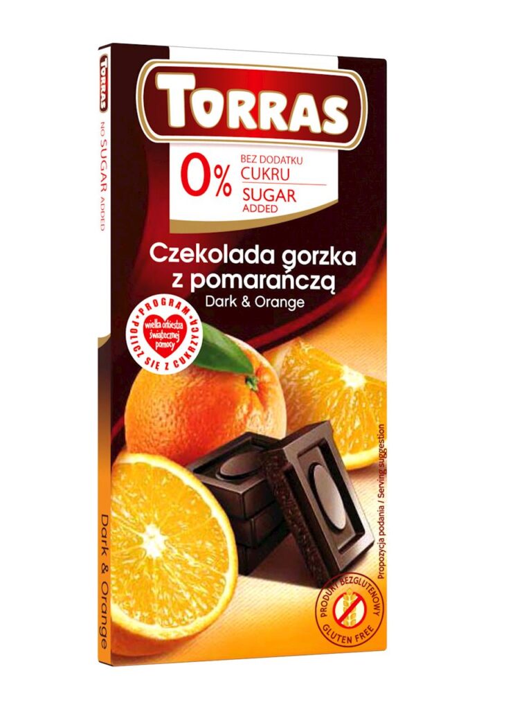 CZEKOLADA GORZKA Z POMARAŃCZĄ BEZ DODATKU CUKRÓW BEZGLUTENOWA 75 g – TORRAS