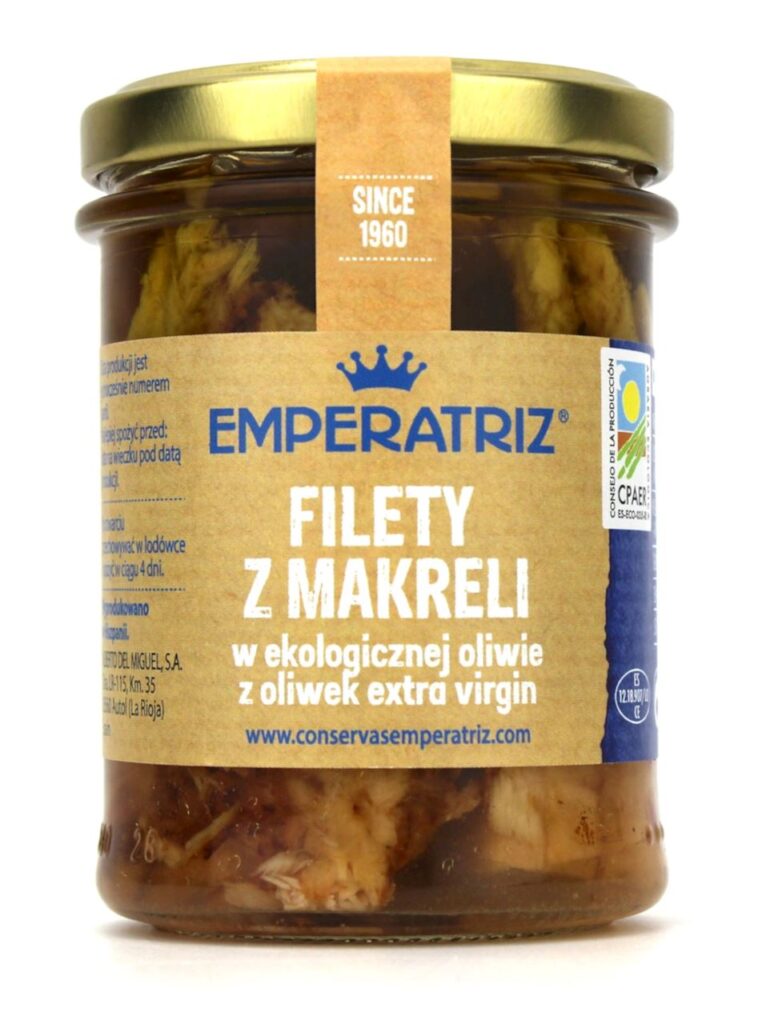 MAKRELA FILETY W BIO OLIWIE Z OLIWEK EXTRA VIRGIN 190 g (SŁOIK) – EMPERATRIZ