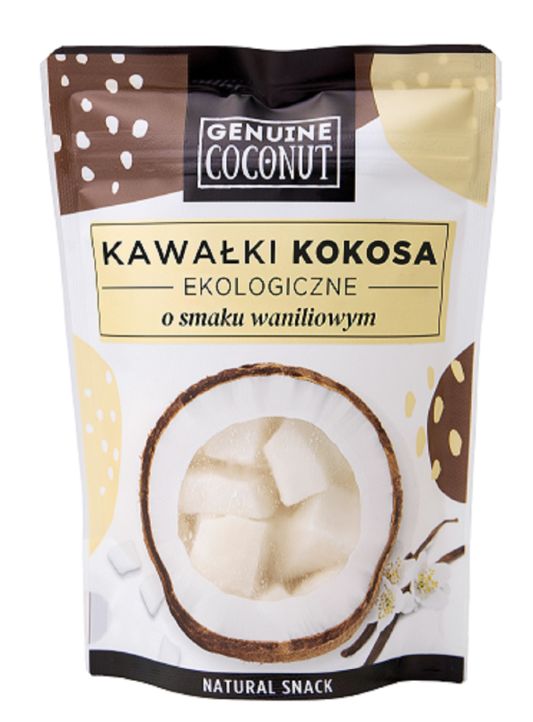 KOKOS KAWAŁKI ŚWIEŻE O SMAKU WANILIOWYM BEZGLUTENOWE BIO 100 g – GENUINE COCONUT