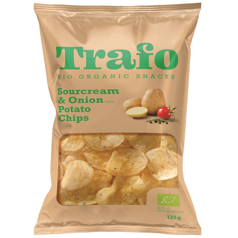 CHIPSY ZIEMNIACZANE O SMAKU ŚMIETANKOWO – CEBULOWYM WEGAŃSKIE BIO 125 g – TRAFO