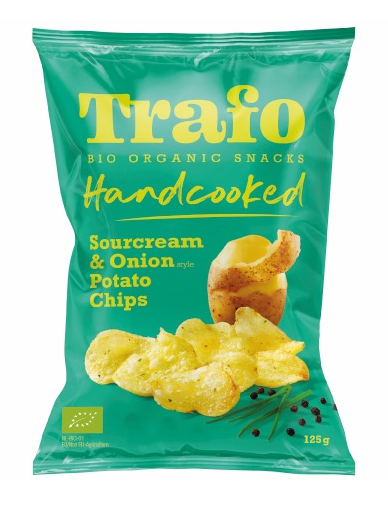 CHIPSY ZIEMNIACZANE CIENKO KROJONE O SMAKU ŚMIETANKOWO – CEBULOWYM WEGAŃSKIE BIO 125 g – TRAFO