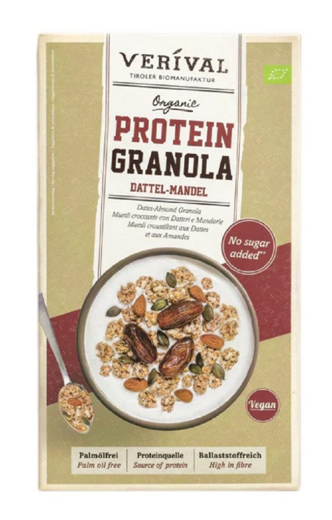 GRANOLA PROTEINOWA Z DAKTYLAMI I MIGDAŁAMI BEZ DODATKU CUKRÓW BIO 325 g – VERIVAL