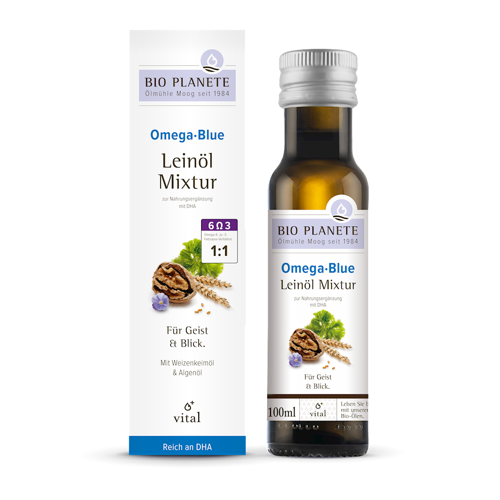 OMEGA BLUE – MIESZANKA Z OLEJEM LNIANYM (ORZECHY WŁOSKIE, ALGI MORSKIE) BIO 100 ml – BIO PLANETE