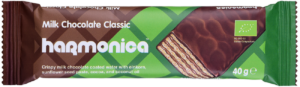 WAFELEK Z SAMOPSZY Z KREMEM MLECZNO - KAKAOWYM W POLEWIE Z CZEKOLADY MLECZNEJ BIO 40 g - HARMONICA