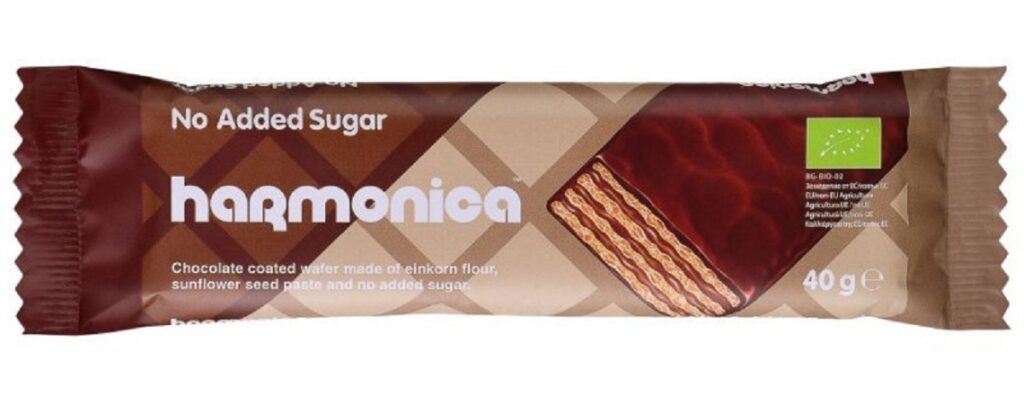 WAFELEK Z SAMOPSZY Z KREMEM MLECZNO – KAKAOWYM W POLEWIE Z CZEKOLADY MLECZNEJ BEZ DODATKU CUKRÓW BIO 40 g – HARMONICA