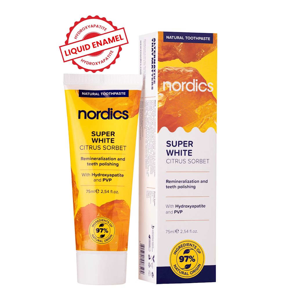 PASTA DO ZĘBÓW REMINERALIZUJĄCA SUPER WHITE Z PŁYNNYM SZKLIWEM BEZ FLUORU 75 ml – NORDICS