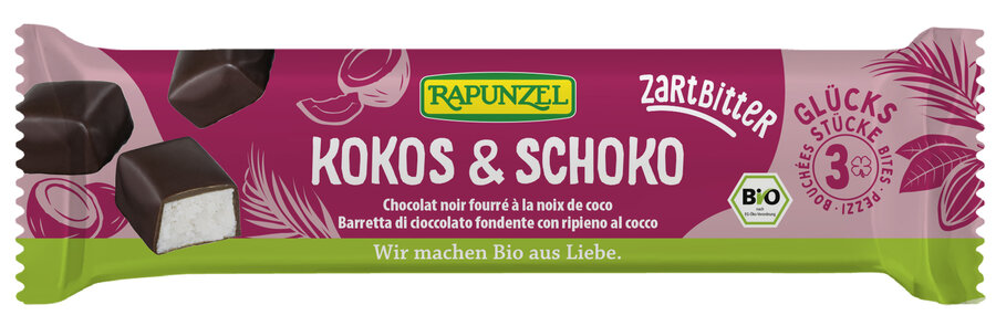 BATONIKI KOKOSOWE W CZEKOLADZIE GORZKIEJ BIO 50 g – RAPUNZEL