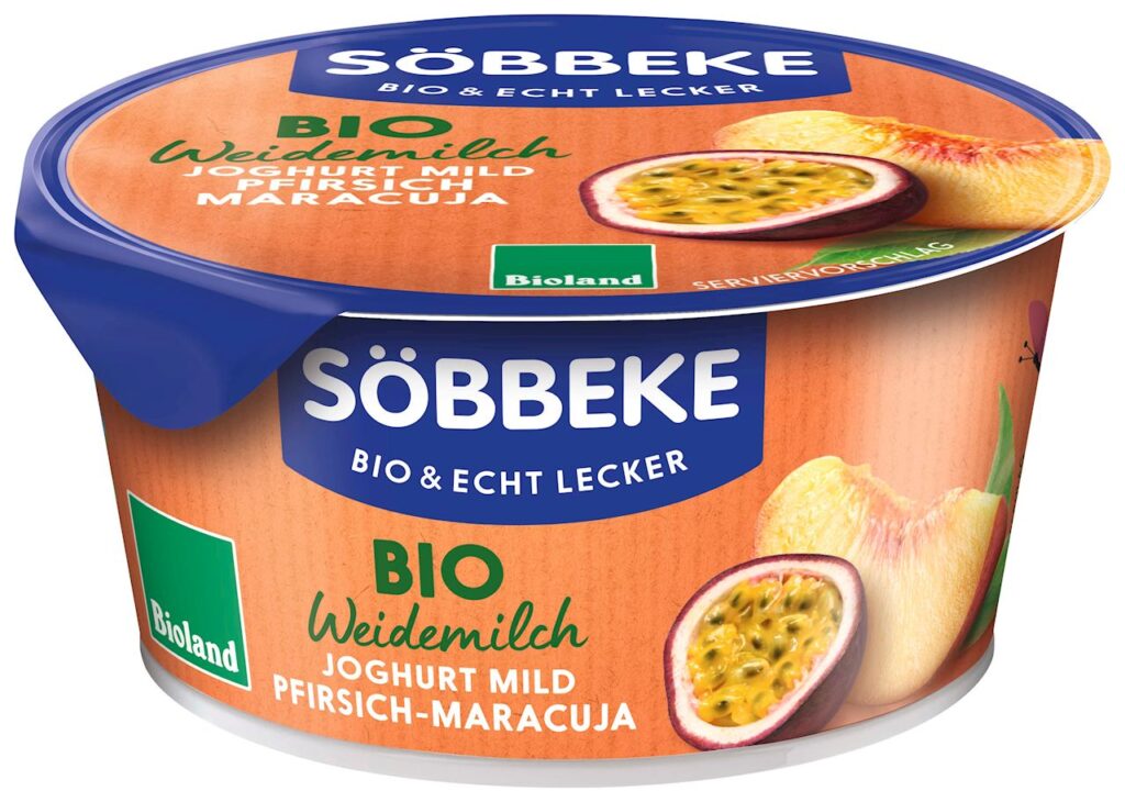 JOGURT KREMOWY BRZOSKWINIA – MARAKUJA (3,8 % TŁUSZCZU W MLEKU) BIO 150 g – SOBBEKE