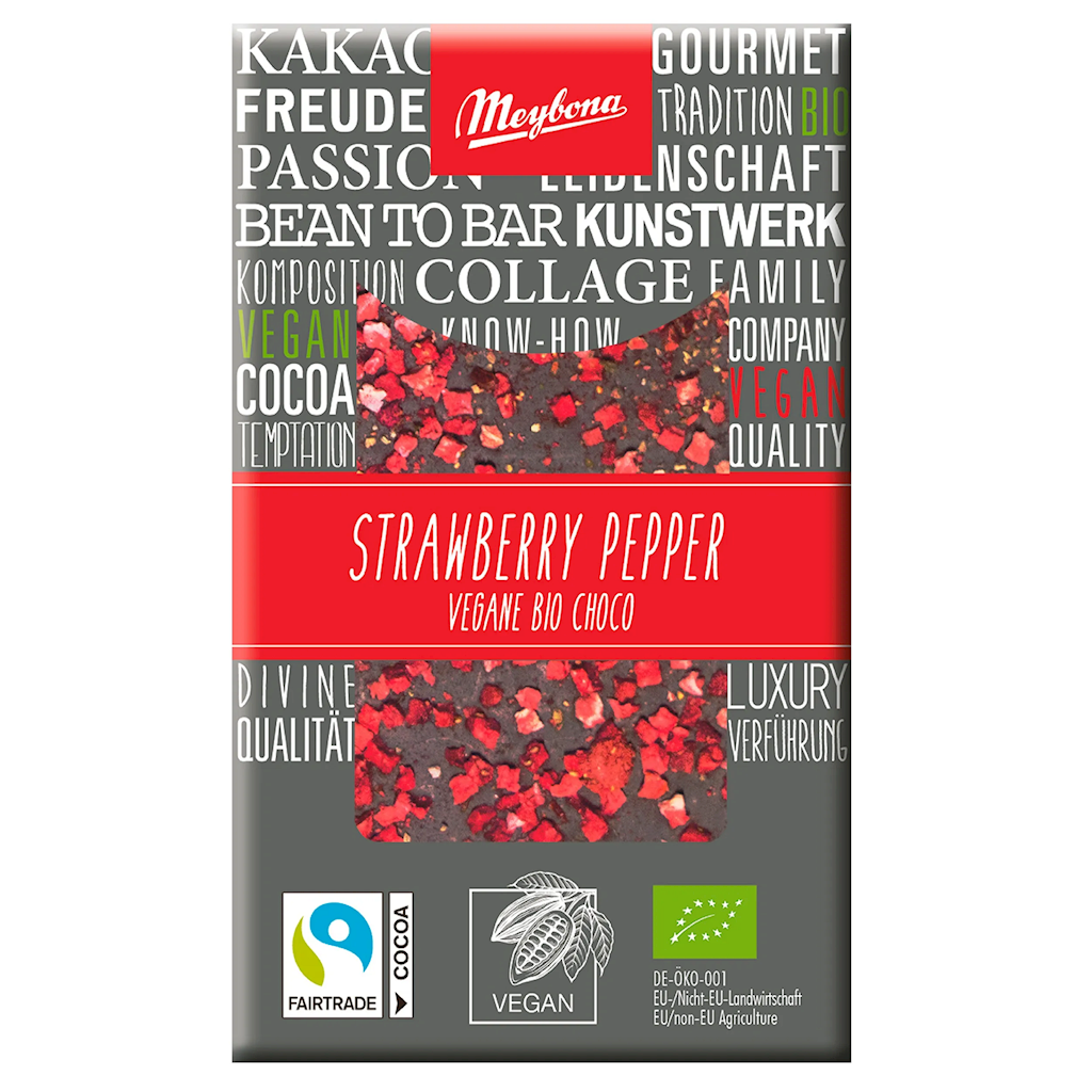 CZEKOLADA GORZKA Z TRUSKAWKAMI I PIEPRZEM FAIR TRADE BIO 30 g – MEYBONA