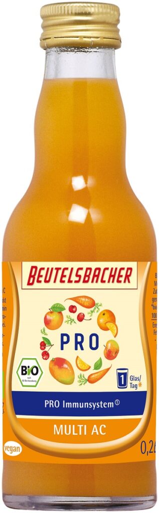 SHOT NA ODPORNOŚĆ JABŁKO – MARCHEW – POMARAŃCZA – MANGO BIO 200 ml – BEUTELSBACHER
