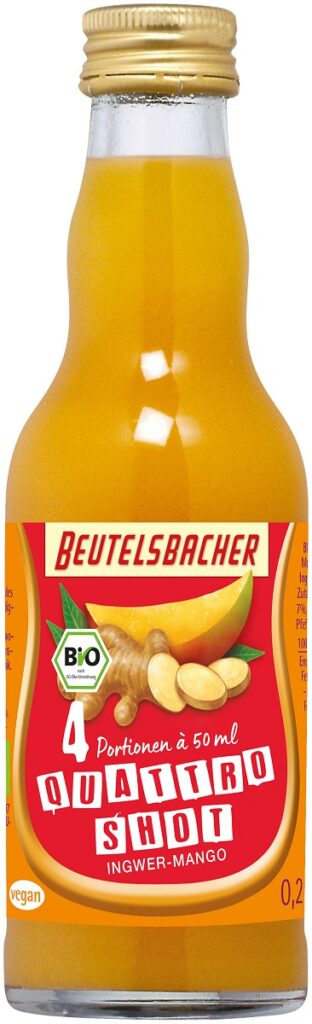 SHOT NA ODPORNOŚĆ JABŁKO – MANGO – IMBIR – KURKUMA BIO 200 ml – BEUTELSBACHER
