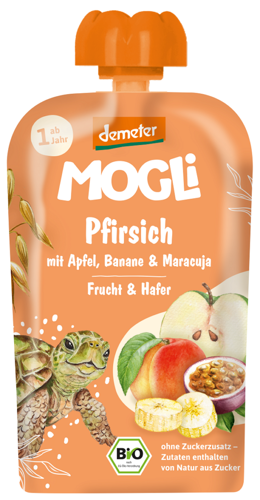 MUS JABŁKO – BRZOSKWINIA – BANAN – MARAKUJA – OWIES BEZ DODATKU CUKRÓW OD 1 ROKU DEMETER BIO 100 g – MOGLI