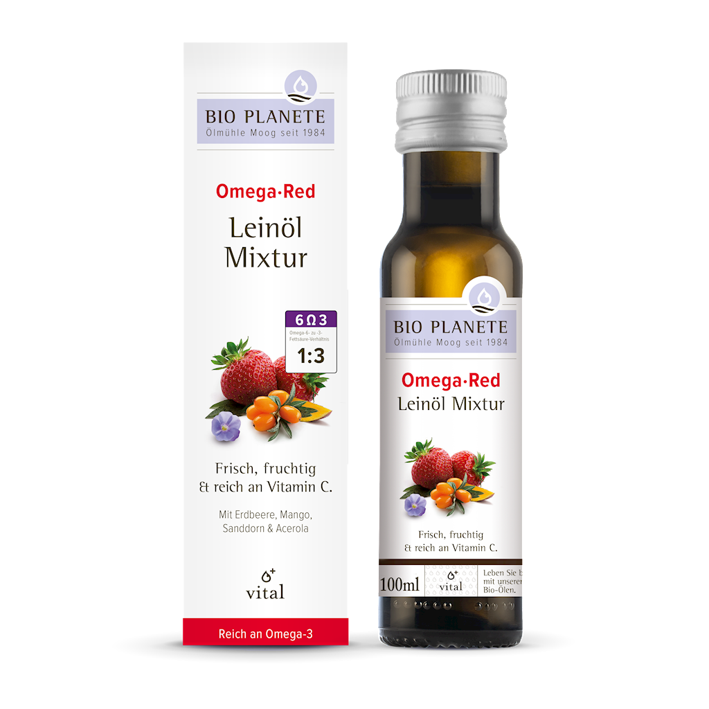 OMEGA RED – MIESZANKA Z OLEJEM LNIANYM (ROKITNIK, MANGO, ACEROLA, TRUSKAWKA) BIO 100 ml – BIO PLANETE