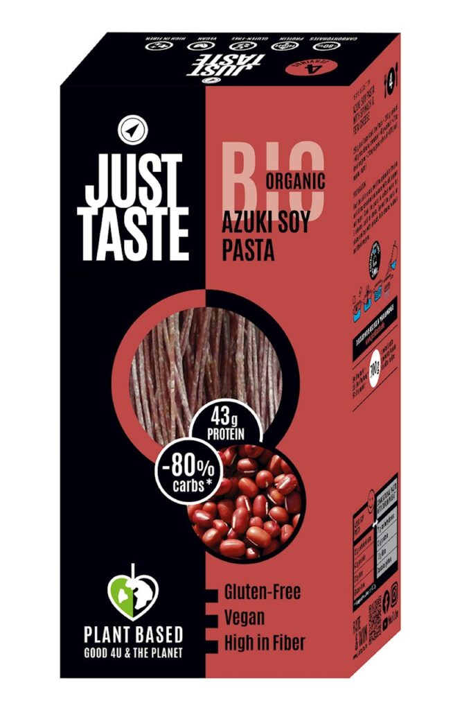 MAKARON PROTEINOWY (Z SOI I FASOLI CZERWONEJ ADZUKI) SPAGHETTI BEZGLUTENOWY BIO 250 g – JUST TASTE