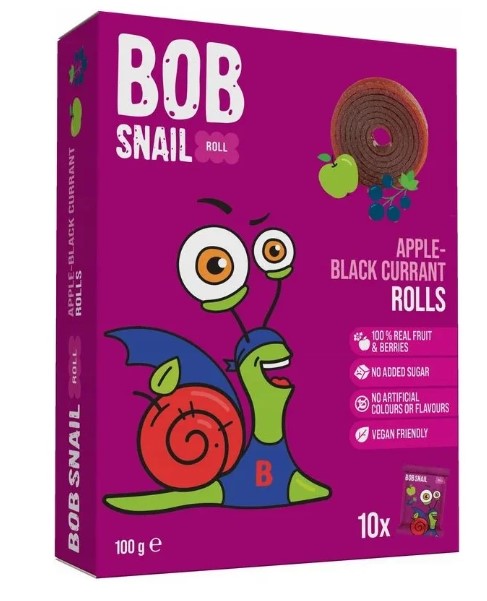 PRZEKĄSKI ROLL JABŁKO – CZARNA PORZECZKA BEZ DODATKU CUKRÓW BEZGLUTENOWE 100 g – BOB SNAIL