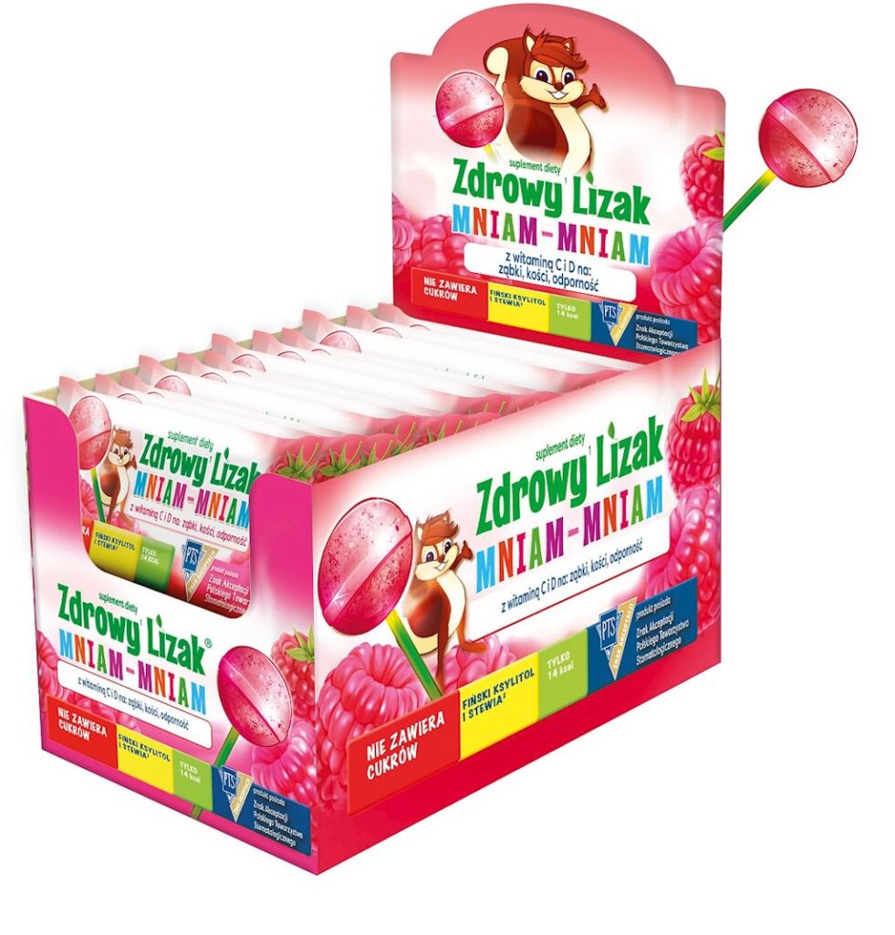 LIZAK KULKA O SMAKU MALINOWYM Z WITAMINĄ D I C BEZ CUKRU BEZGLUTENOWY 6 g – ZDROWY LIZAK (MNIAM MNIAM)