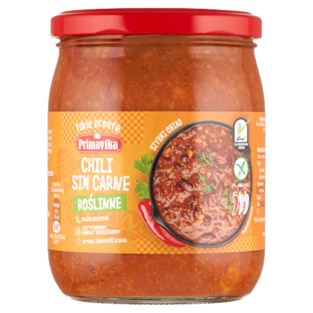 SOS WEGAŃSKI CHILI SIN CARNE BEZGLUTENOWY 470 g – PRIMAVIKA
