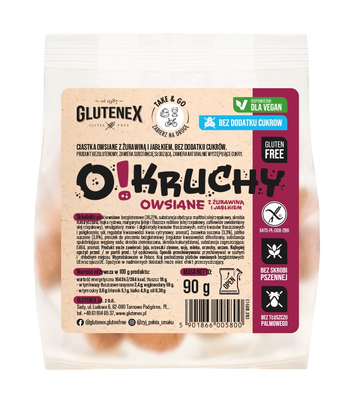 CIASTKA OWSIANE Z ŻURAWINĄ I JABŁKIEM BEZ DODATKU CUKRÓW BEZGLUTENOWE O!KRUCHY 90 g – GLUTENEX